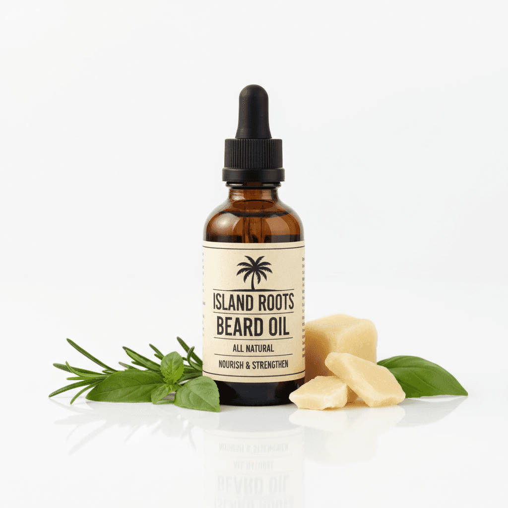 Island Roots beard oil displayed with natural ingredients on a white surface