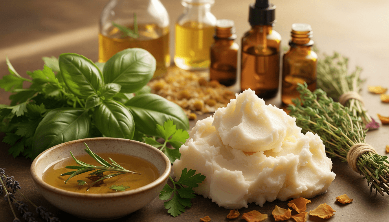 Natural herbs, shea butter, and botanical oils arranged on a wooden surface with warm sunlight