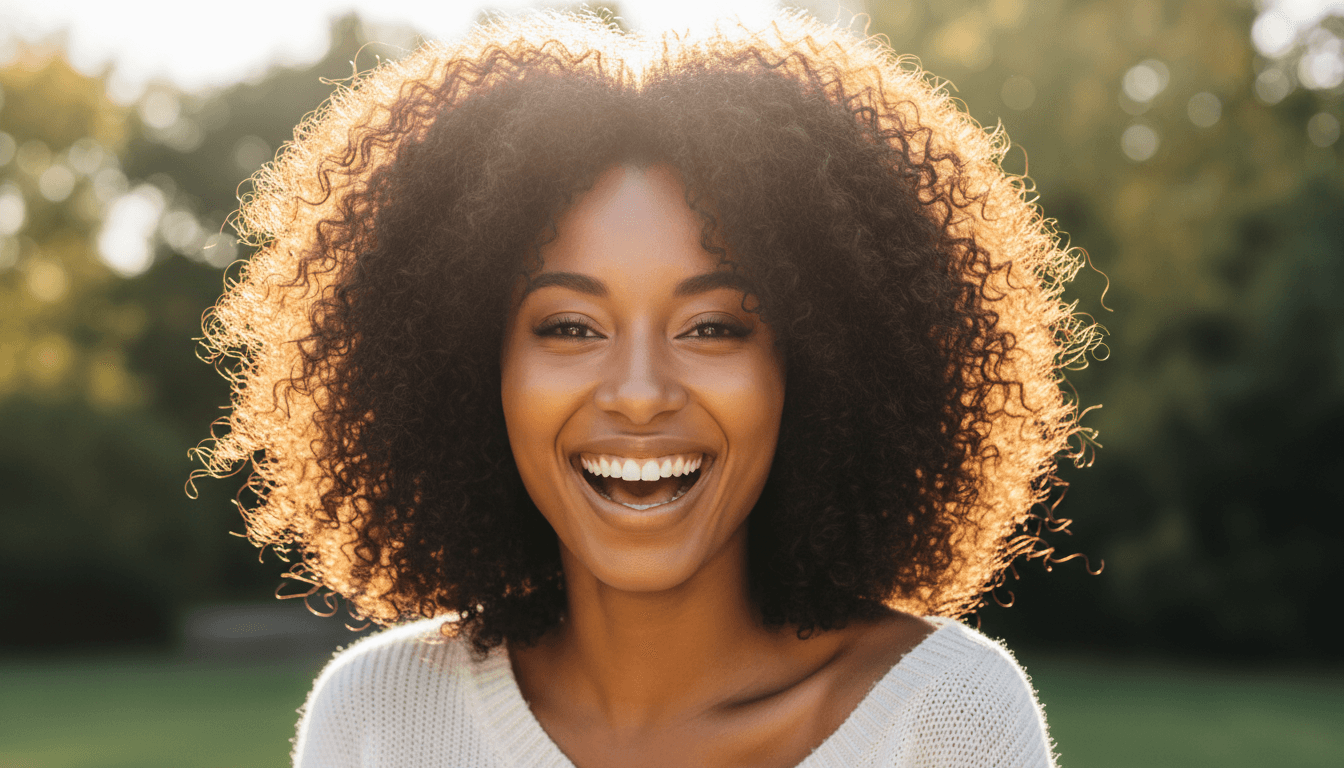 African American woman with healthy hair glowing in natural light