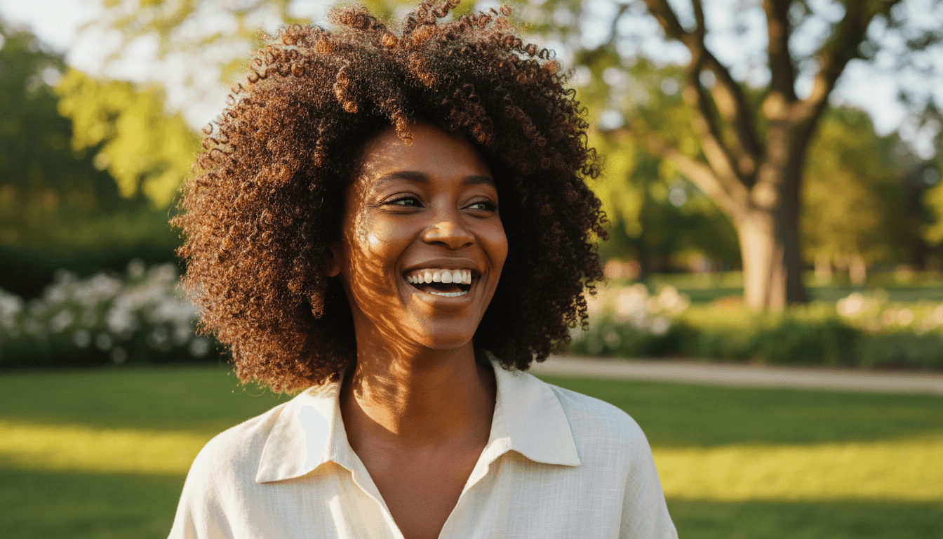 African American woman with radiant healthy hair outdoors in natural lighting
