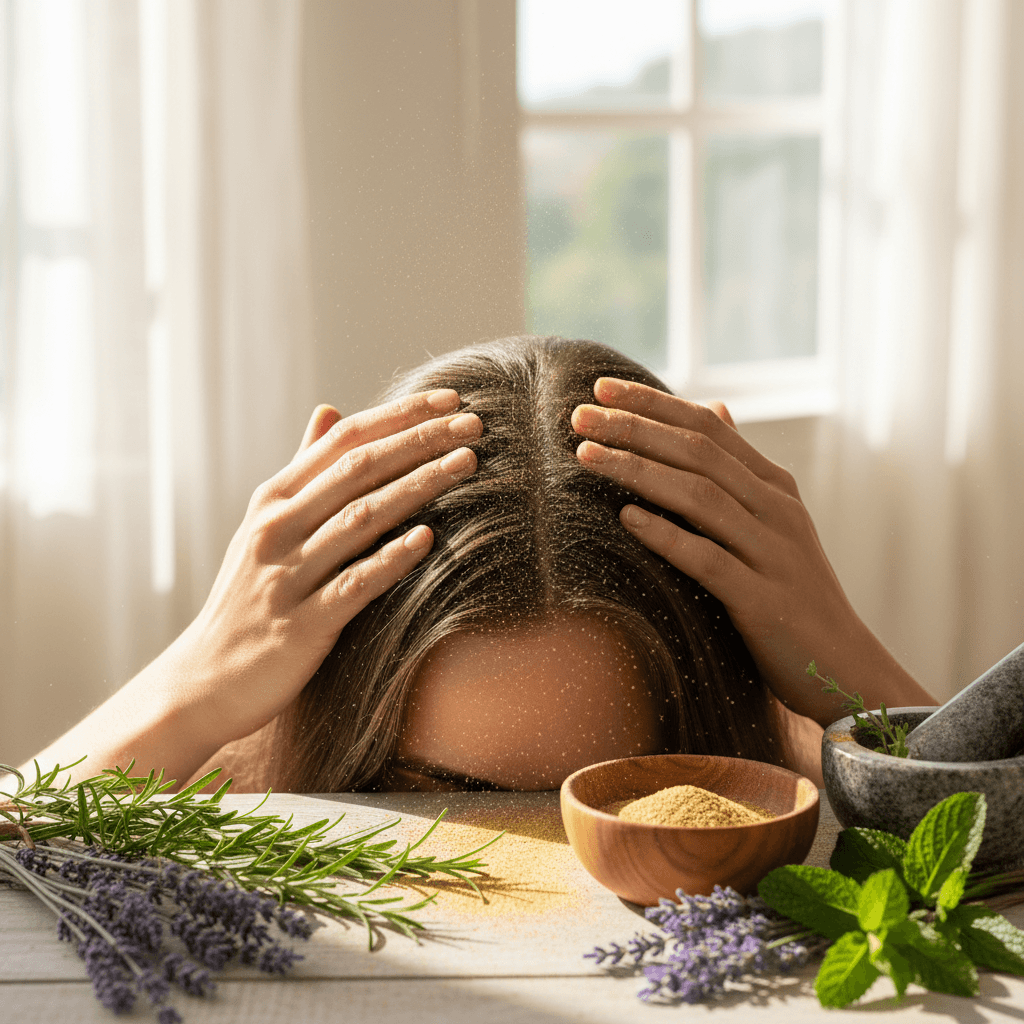 Hands applying golden herbal powder to scalp with fresh botanicals nearby