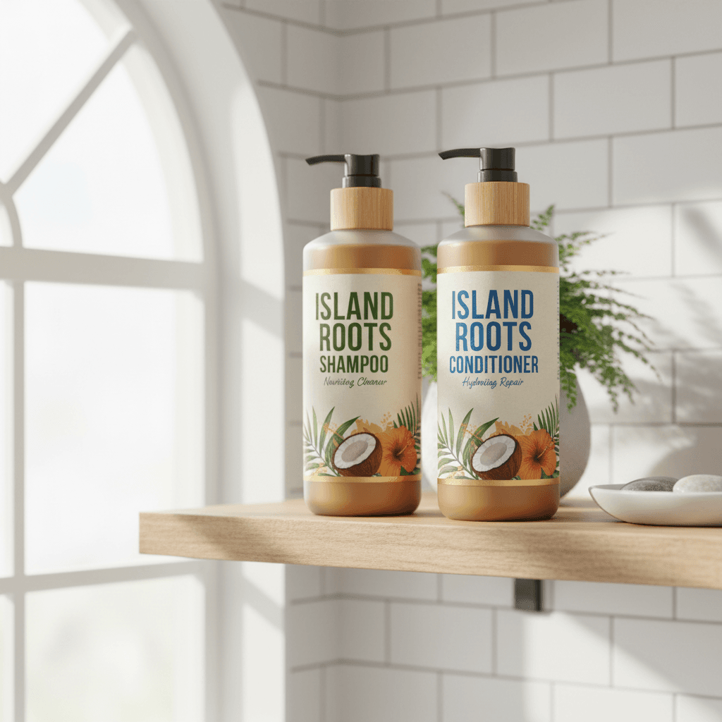 Person with textured hair examining hair treatment product in bright, modern bathroom with organized product shelving