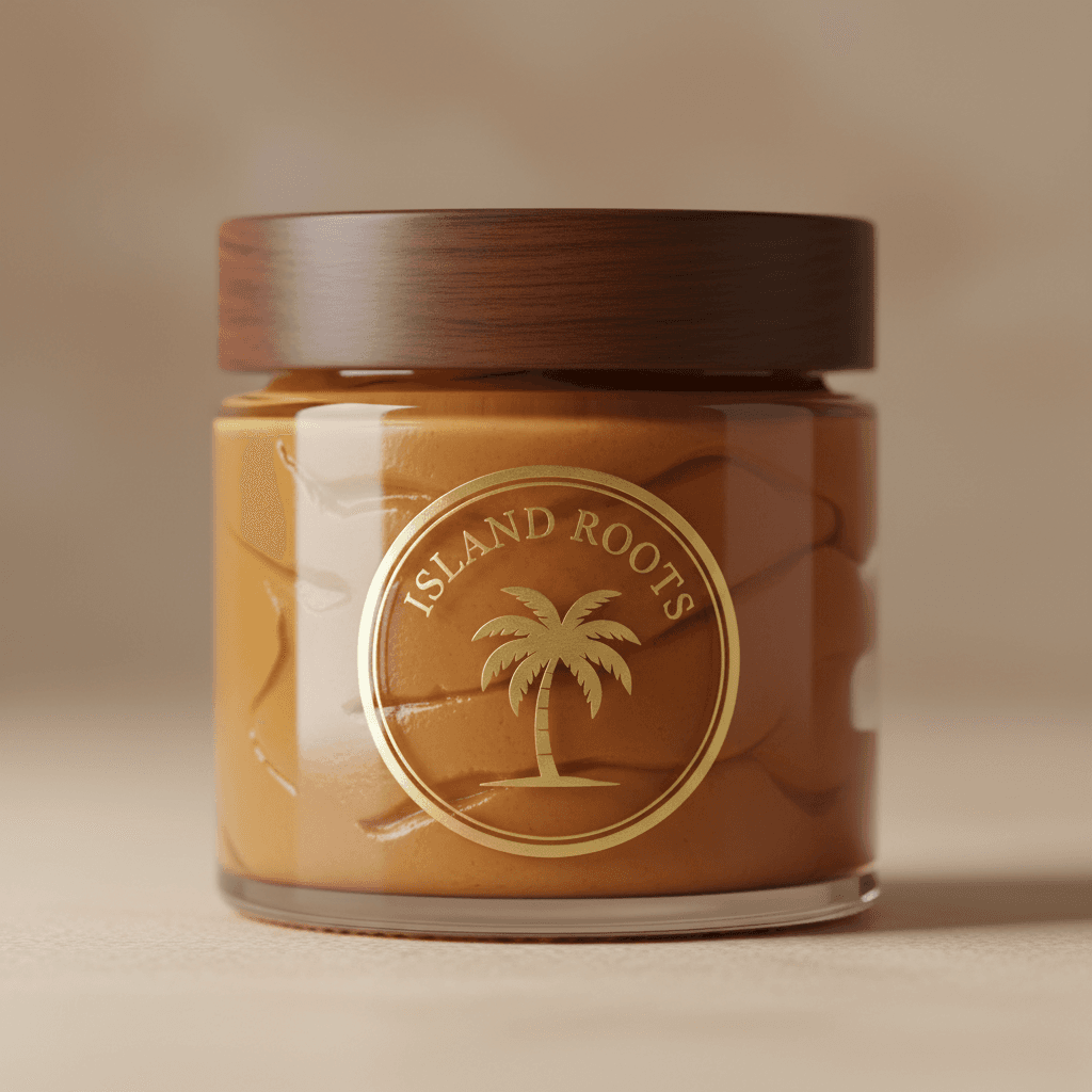 Luxurious jar of Island Roots rich butter haircare product on neutral background