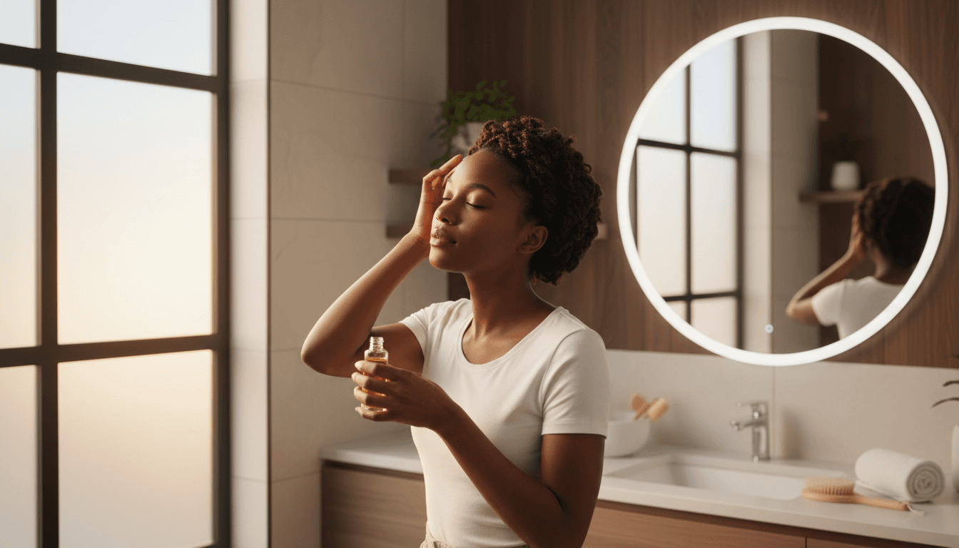 Woman applying Island roots hair oil to her natural hair