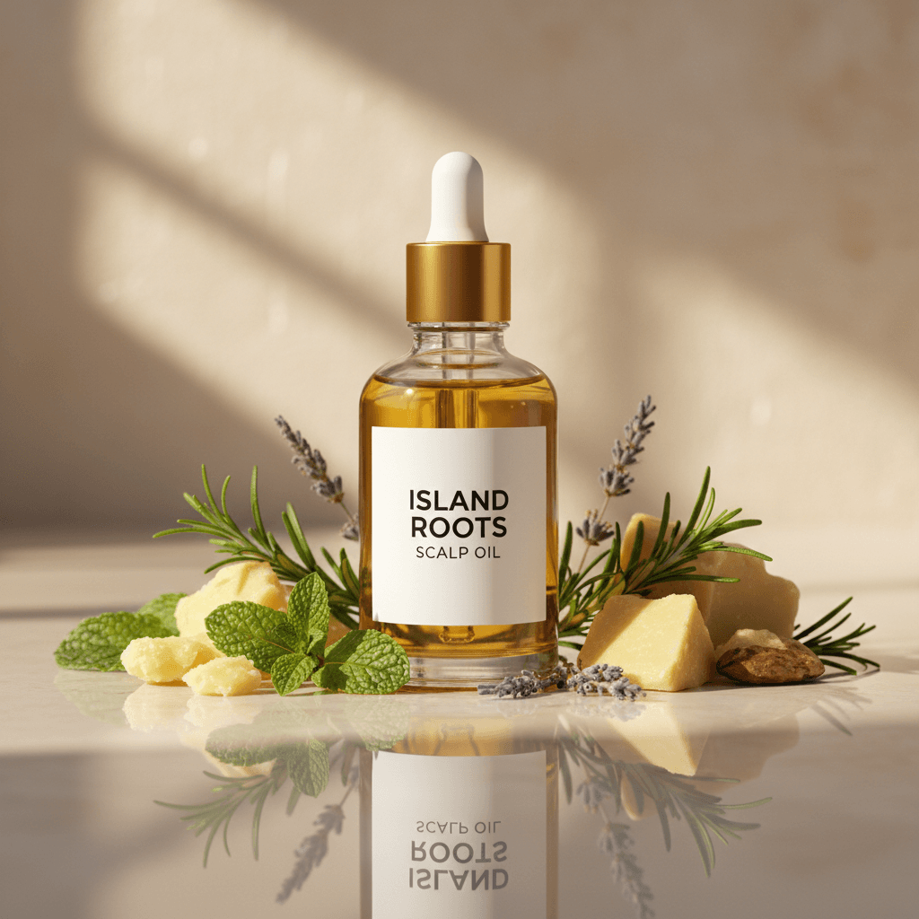 Island Roots Scalp Oil bottle with herbs and butters, warm lighting