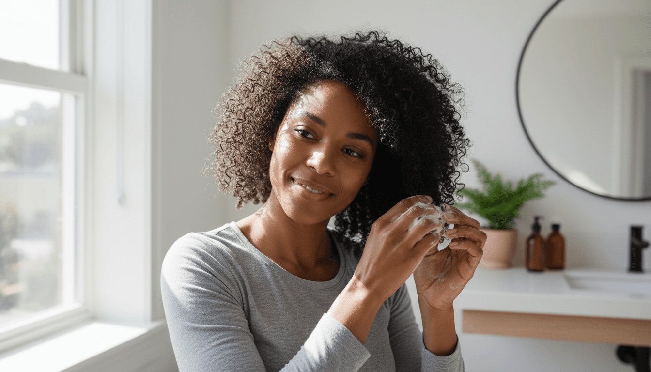 Woman applying Island roots hair product to natural hair as part of healthy hair care routine