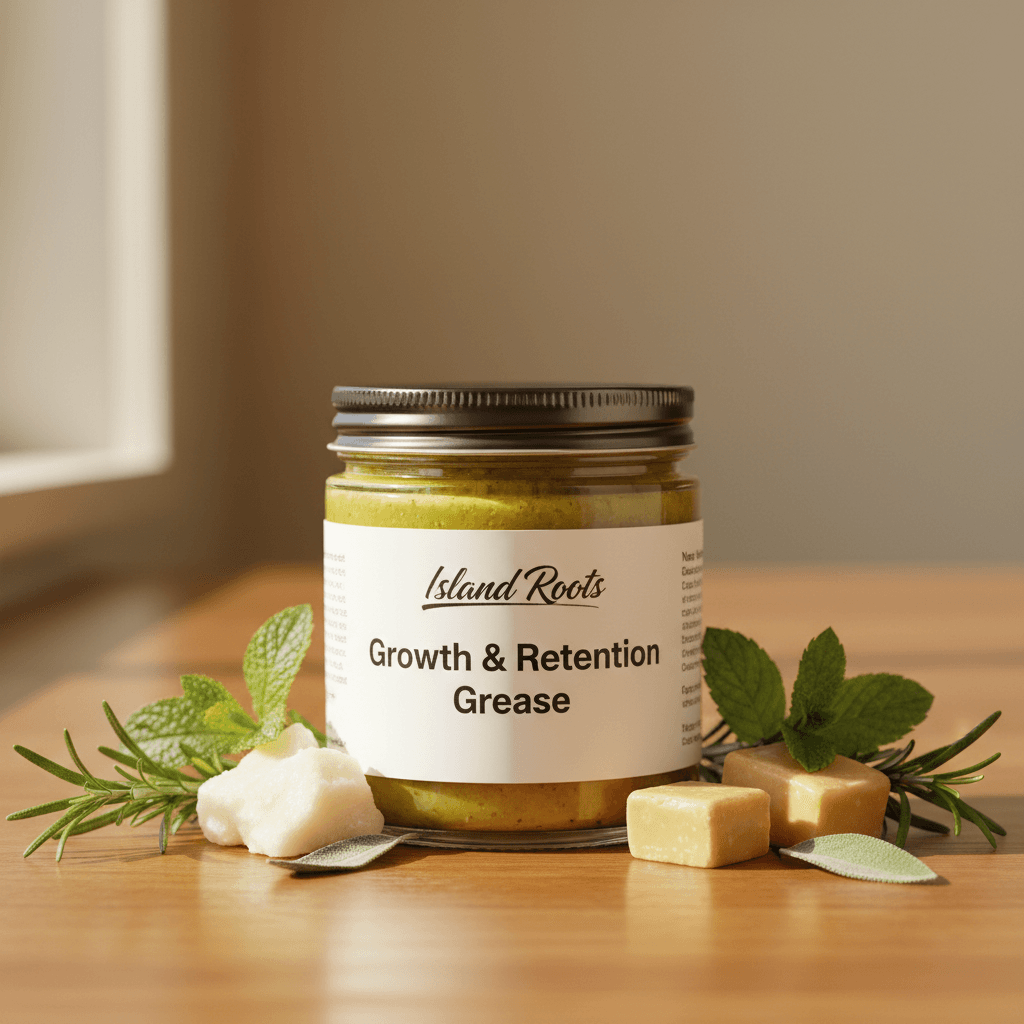 Island Roots Growth & Retention Grease jar surrounded by herbs and natural butters