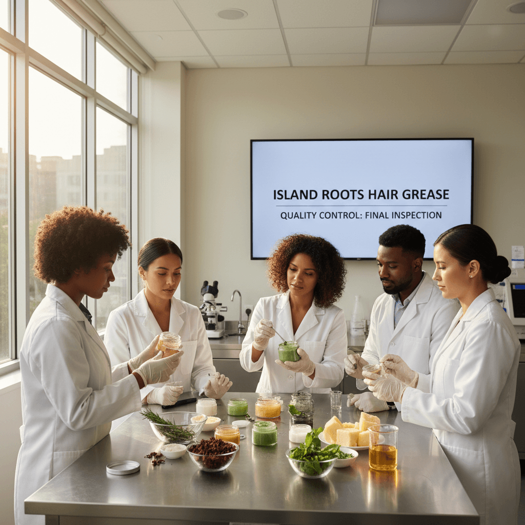 Hair care team working in modern lab with herbs and natural light surroundings