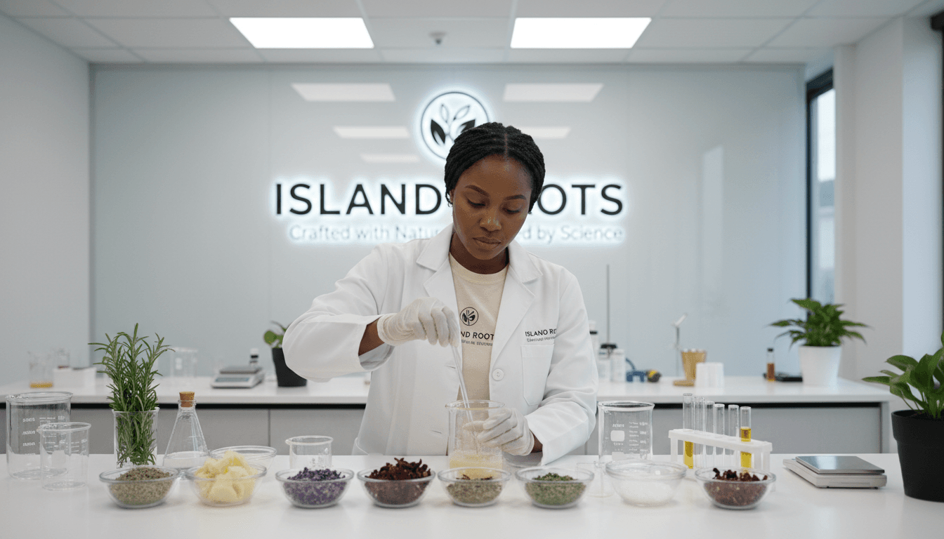 Island Roots founder creating hair care products with herbs and butters in a lab.