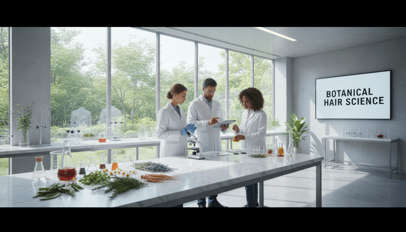 Hair care team working in modern lab with herbs and natural light surroundings