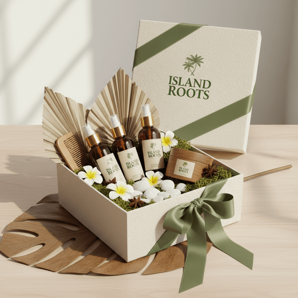 Beautifully packaged Island Roots gift set ready for gifting