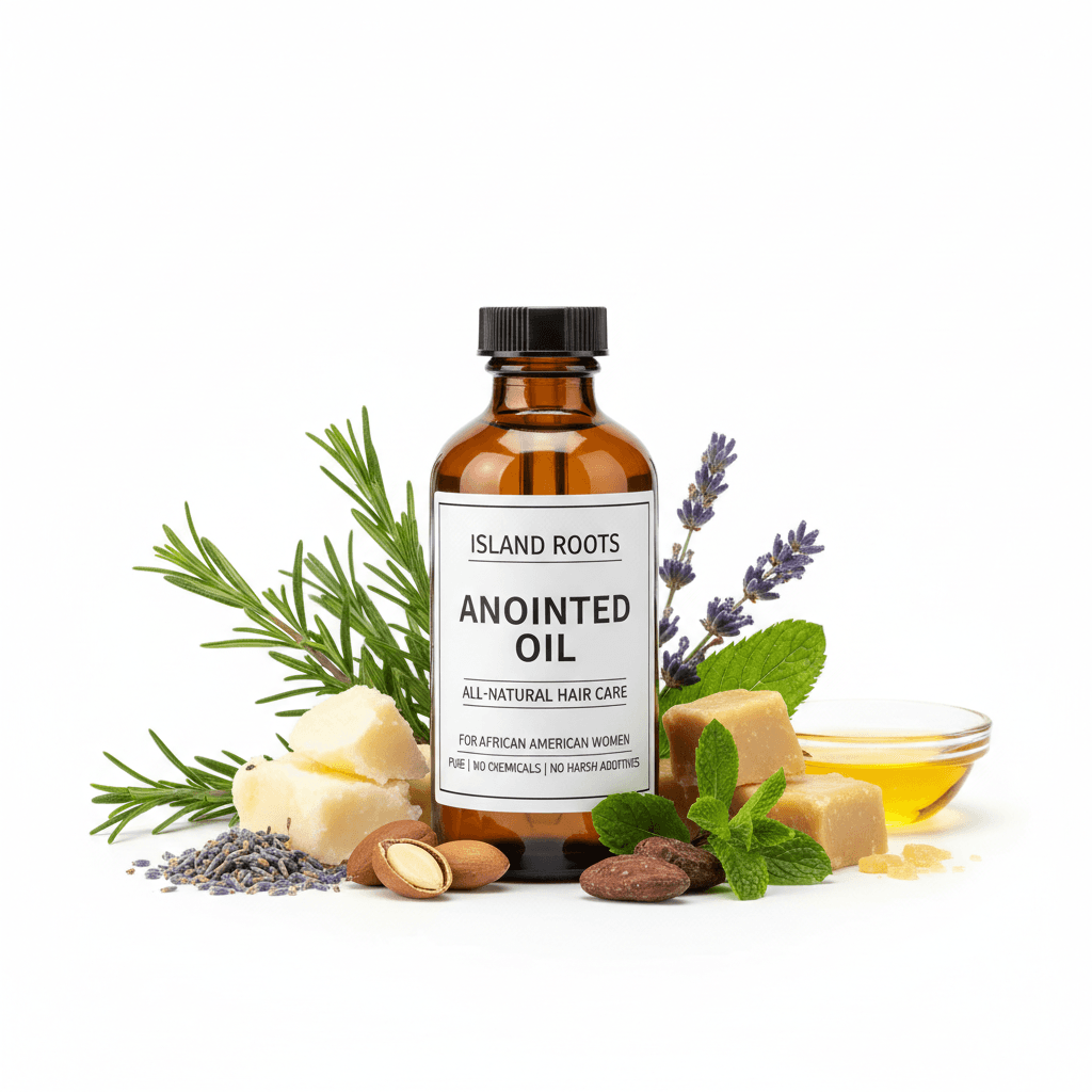 Bottle of Island Roots Anointed Oil with herbs and butters