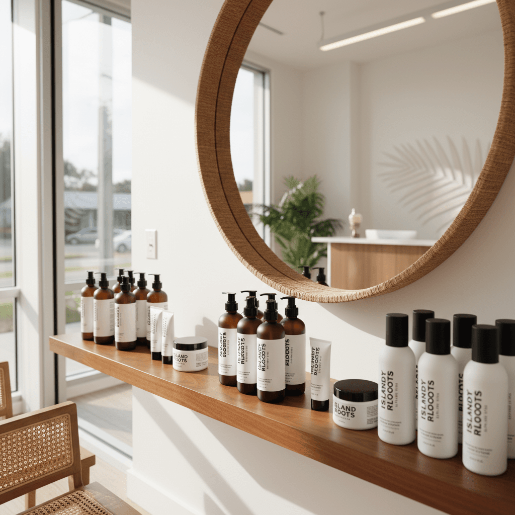 Elegant salon shelf displaying high-quality Island Roots hair care products in natural light.
