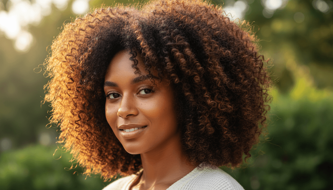 Woman with healthy natural hair demonstrating the results of quality hair care