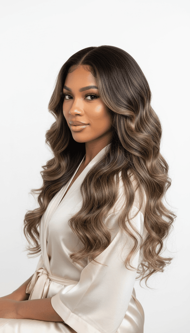 Woman wearing voluminous lace hair extensions with styled waves, demonstrating professional quality and seamless blending