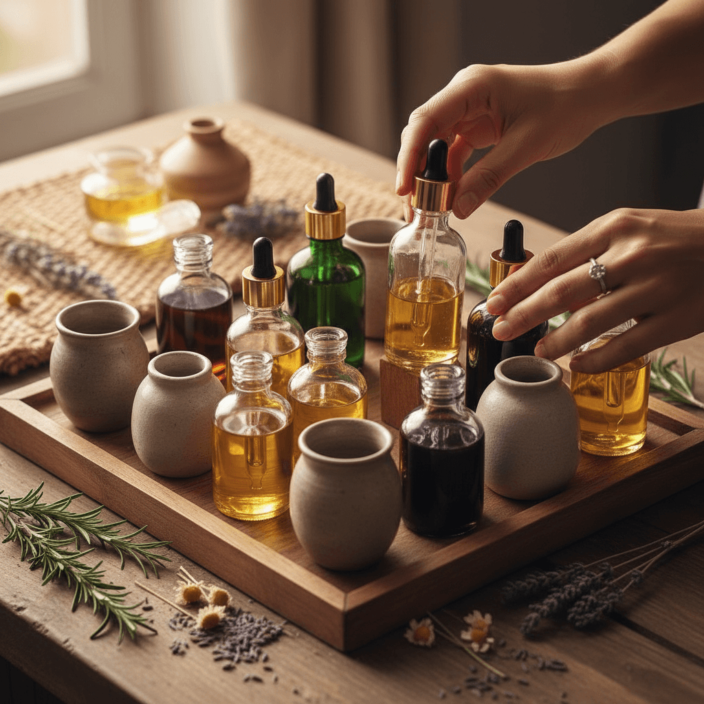 Premium herbal oils and botanical hair care products in glass bottles arranged with natural lighting and dried ingredients
