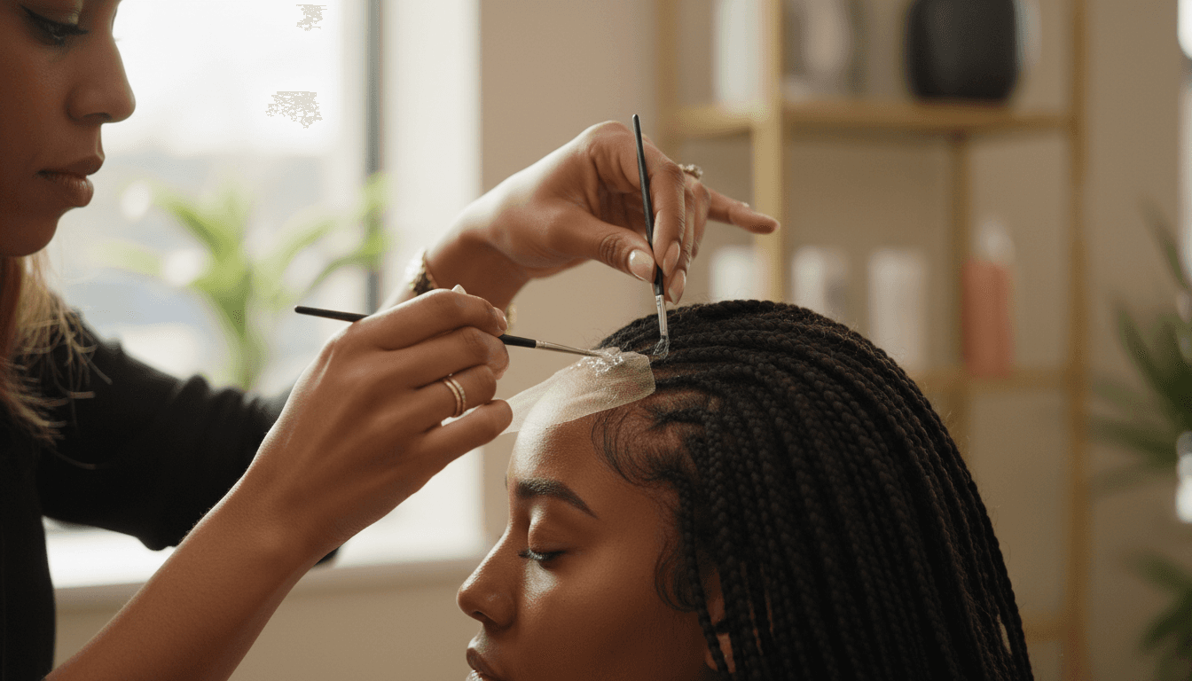 Hairstylist's hands carefully installing lace front on client's textured hairline with precision tools and professional technique