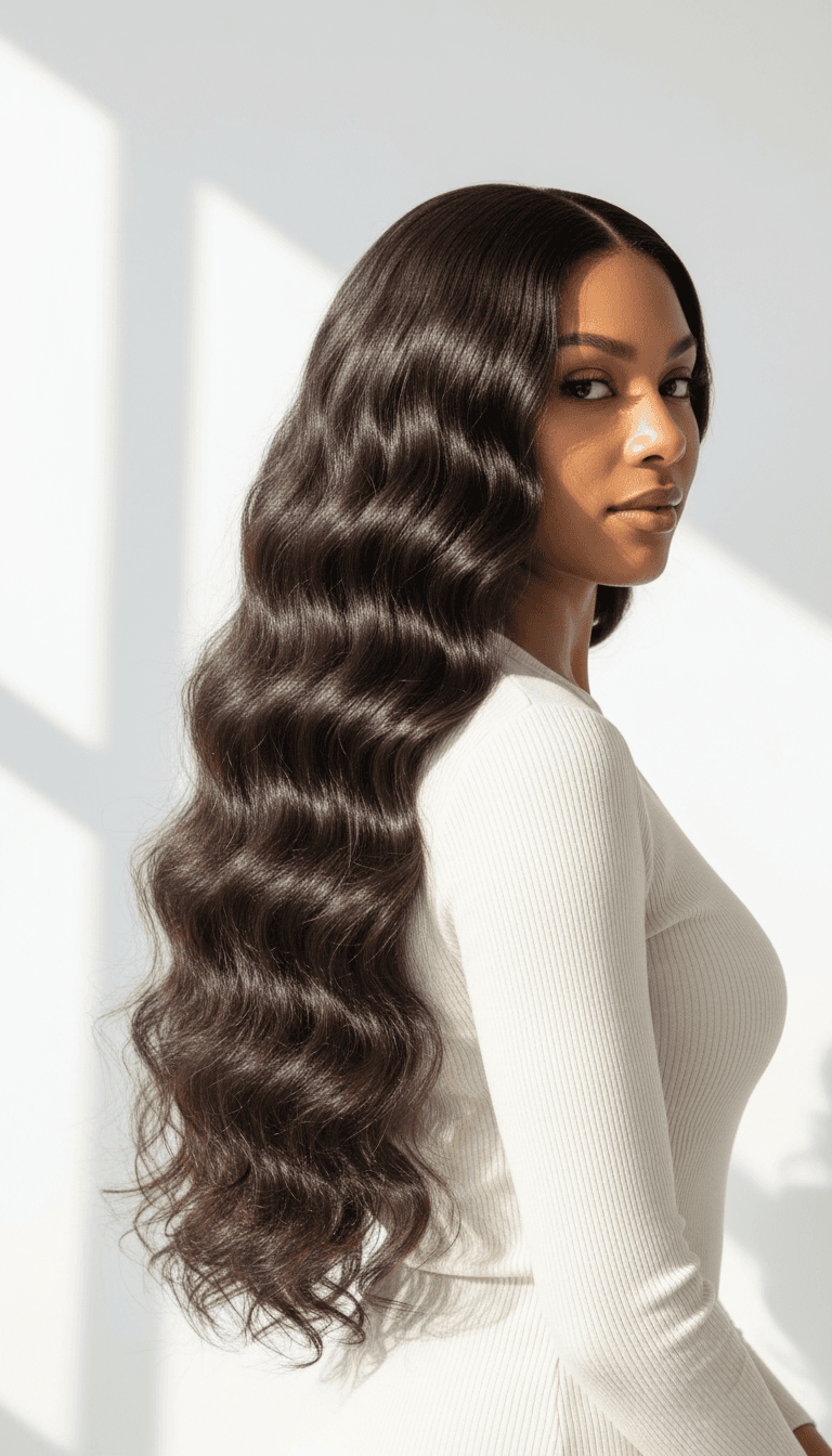 Woman with long voluminous wavy hair styled professionally, showcasing extension length, volume, and quality