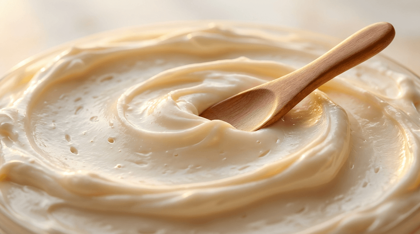 Close-up of creamy whipped body butter with wooden spatula, warm studio lighting highlighting luxurious texture.