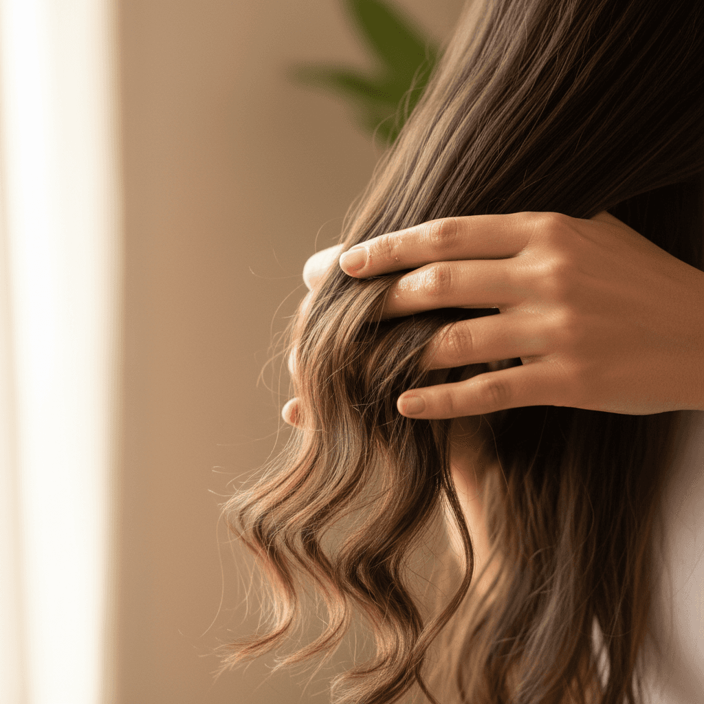 Hands massaging golden herbal hair oil into long, healthy hair with natural window light
