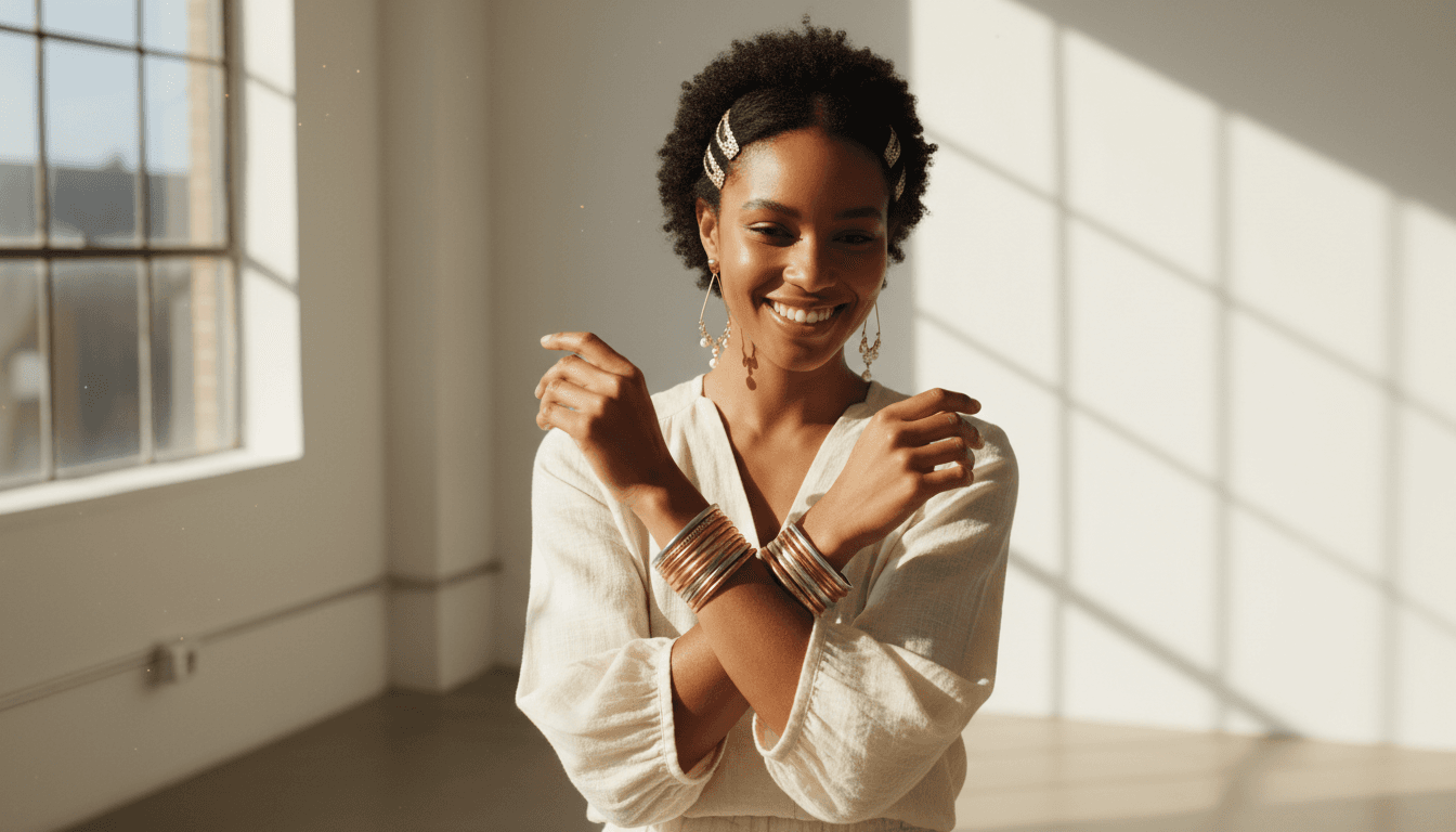 Young woman wearing layered handcrafted bangles, earrings, and hair clips, smiling confidently by window light
