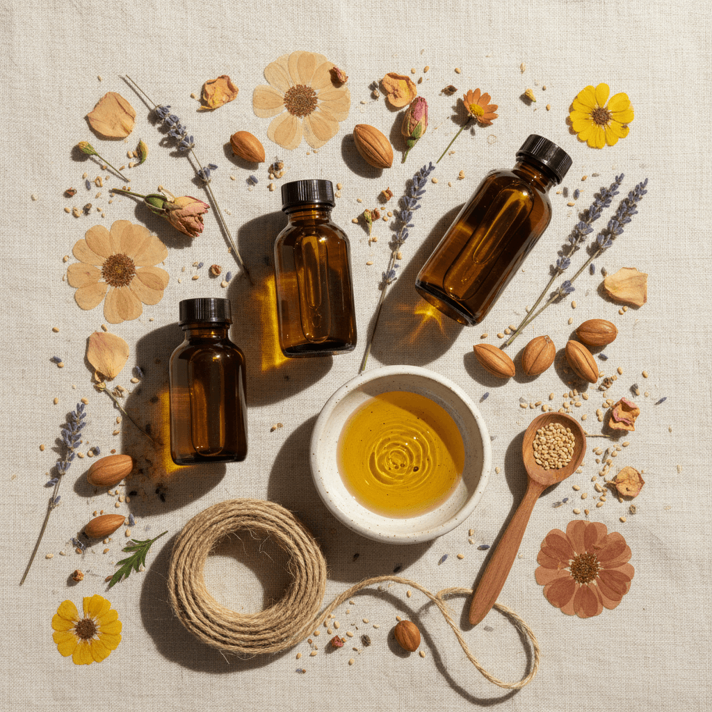 Overhead flat-lay of premium botanical oil bottles, seeds, dried flowers, and natural ingredients on linen