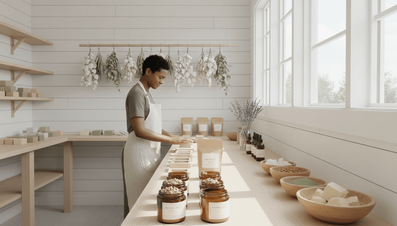 Zee Bowen blending natural hair care ingredients including herbs and butters