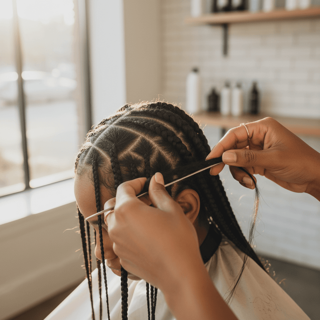 Stylist's hands expertly creating cornrows, showing intricate braiding technique and precision handiwork in natural salon lighting