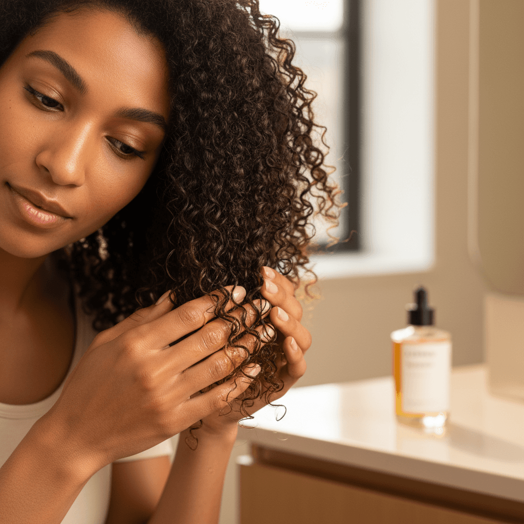 Woman applying Island Roots product to natural hair
