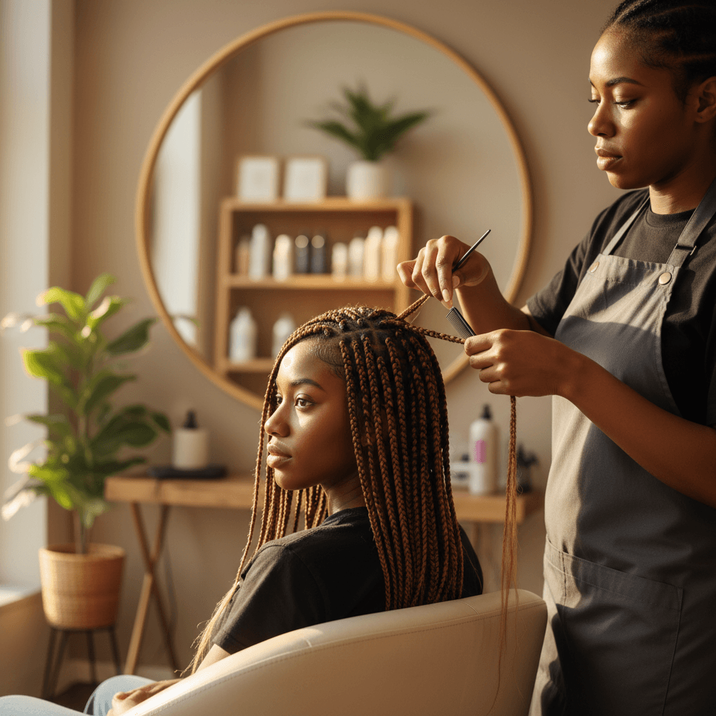 Professional stylist's hands creating intricate box braids in client's hair, demonstrating expert Black hair styling technique in warm salon lighting