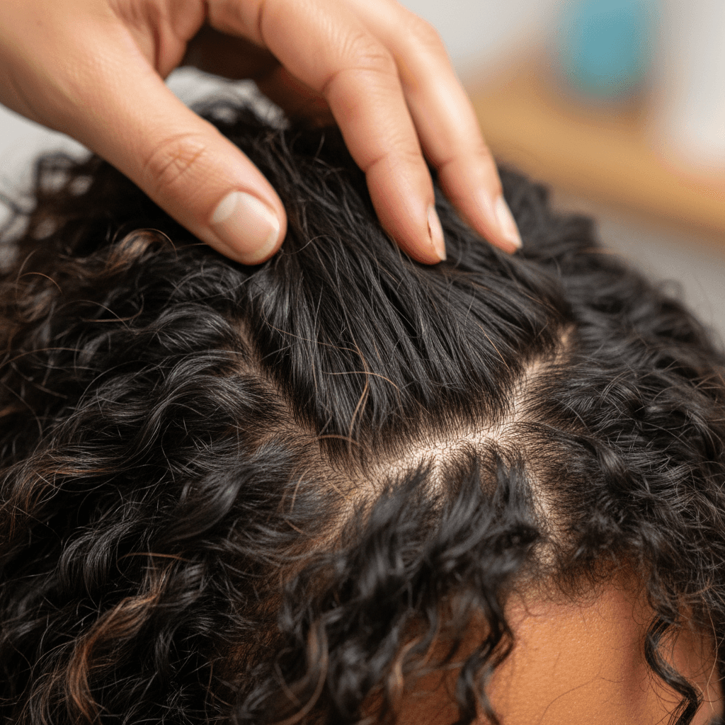 Close-up macro shot of scalp assessment during hair health evaluation, showing hair texture and therapist's hands