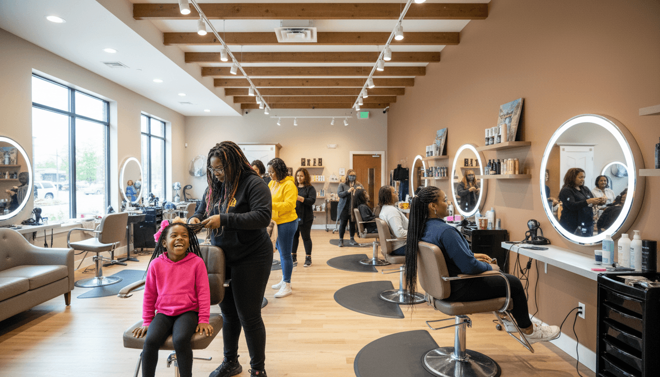 Modern salon interior with diverse clients receiving professional braiding services including children, adults, and various protective hairstyle options