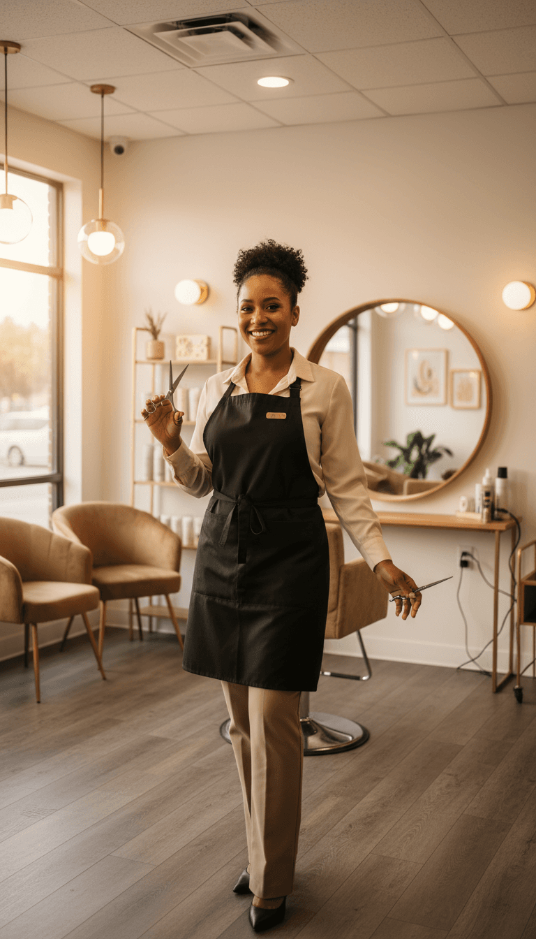 Professional female stylist standing confidently in salon, wearing apron with styling tools and welcoming smile